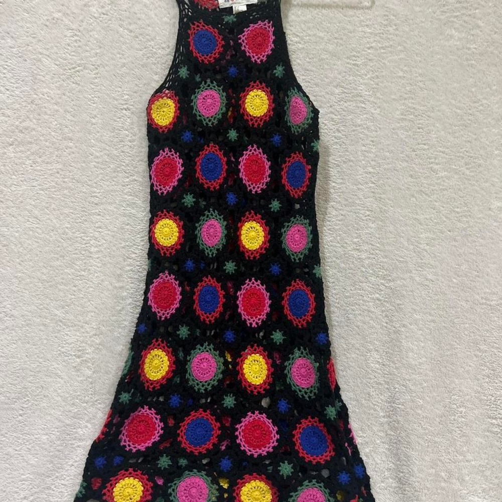 H&M Coachella collection black crochet mini dress multicolored accents US size 6